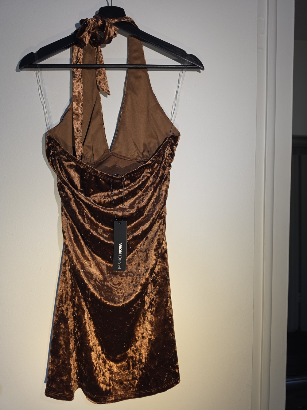 Amara Rhinestone Brown Velvet Halter Mini Dress - Picture 2 of 5